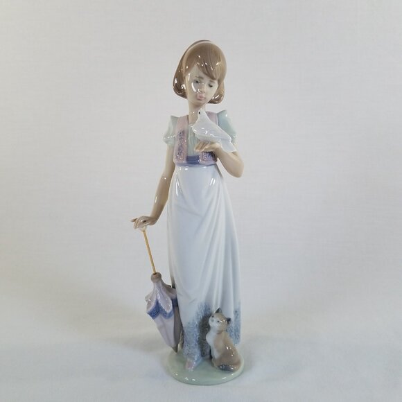 LLadro 7611 Summer Stroll Figurine 9" Girl Cat Dove Porcelain Retired Mint - Picture 3 of 14